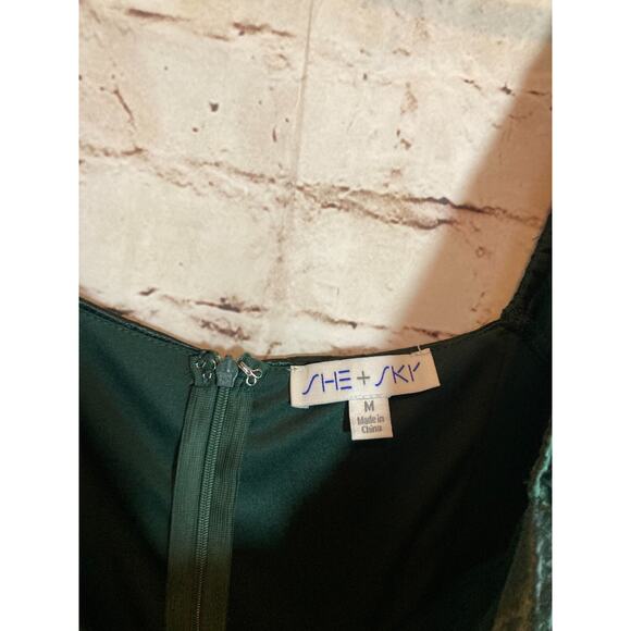 She + Sky Milkmaid Dress Womens Medium Forest Green Satin Dark Romantic Cutout - Picture 2 of 16